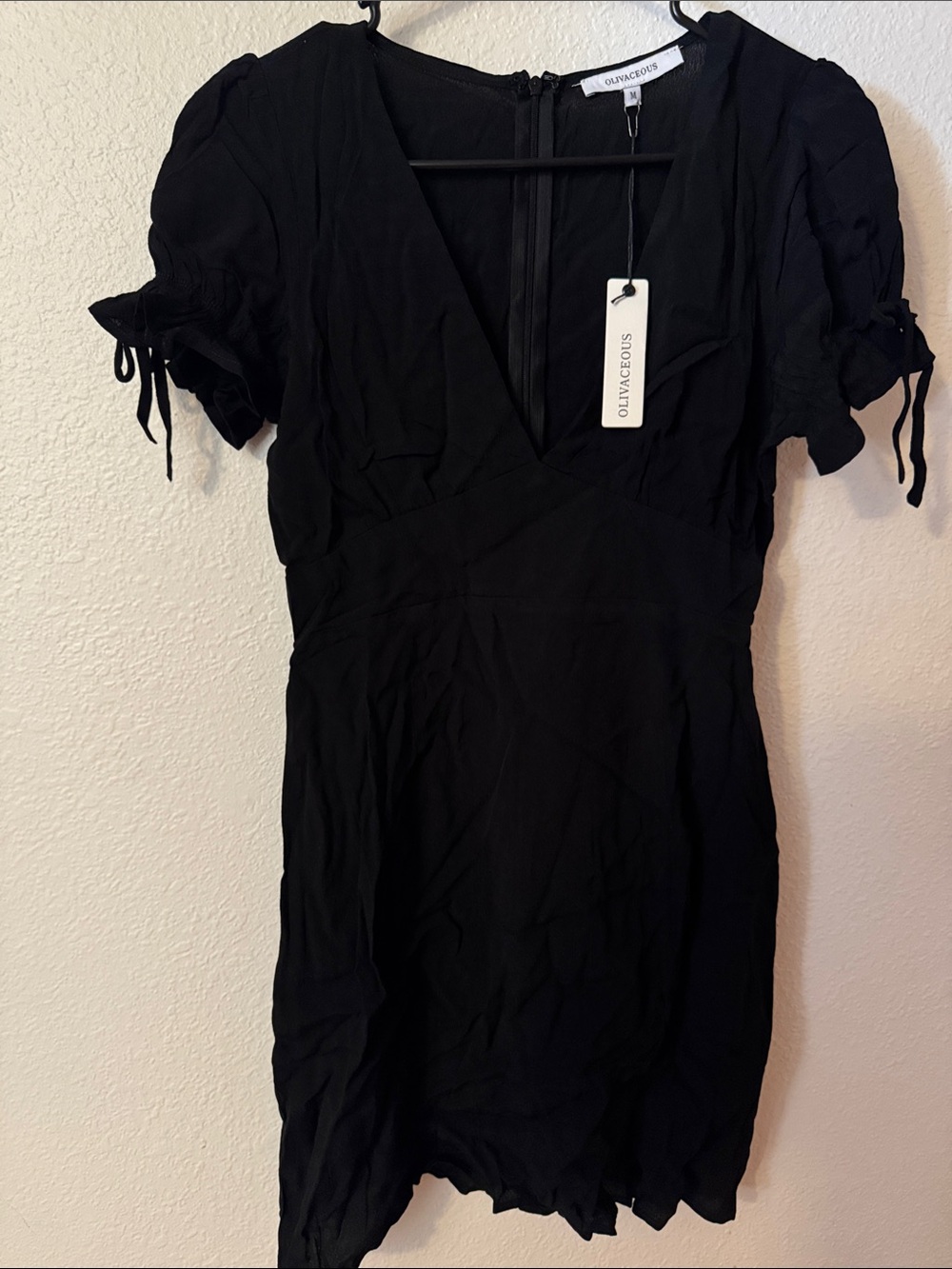 Olivaceous Black V-Neck Puff Sleeve Mini Dress with Tie Sleeves